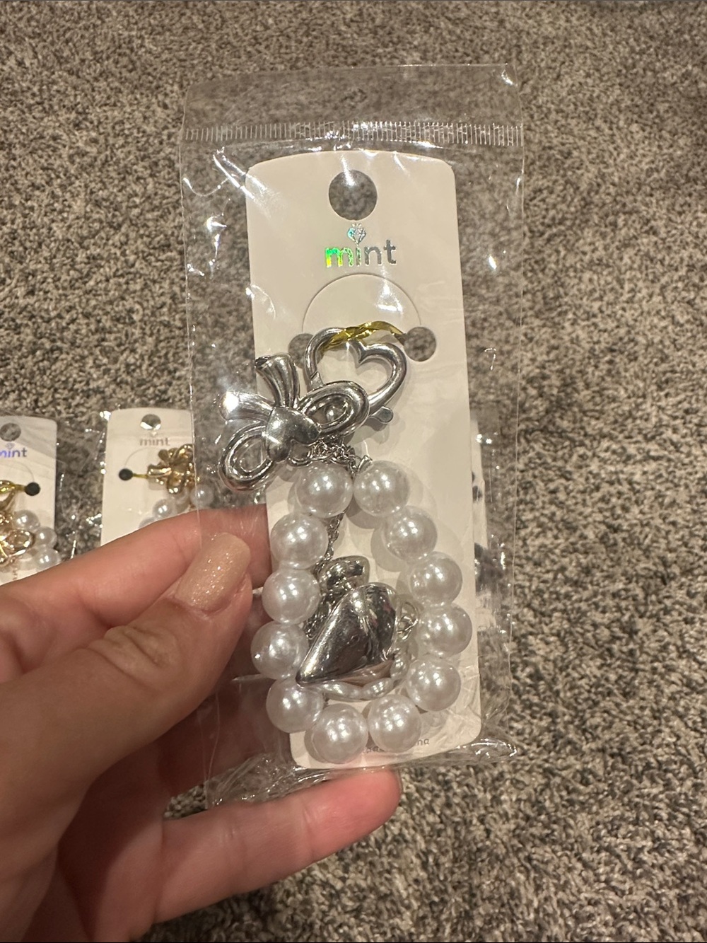 5- Mint Silver or Gold Pearl Heart Key Ring with Bow Accent